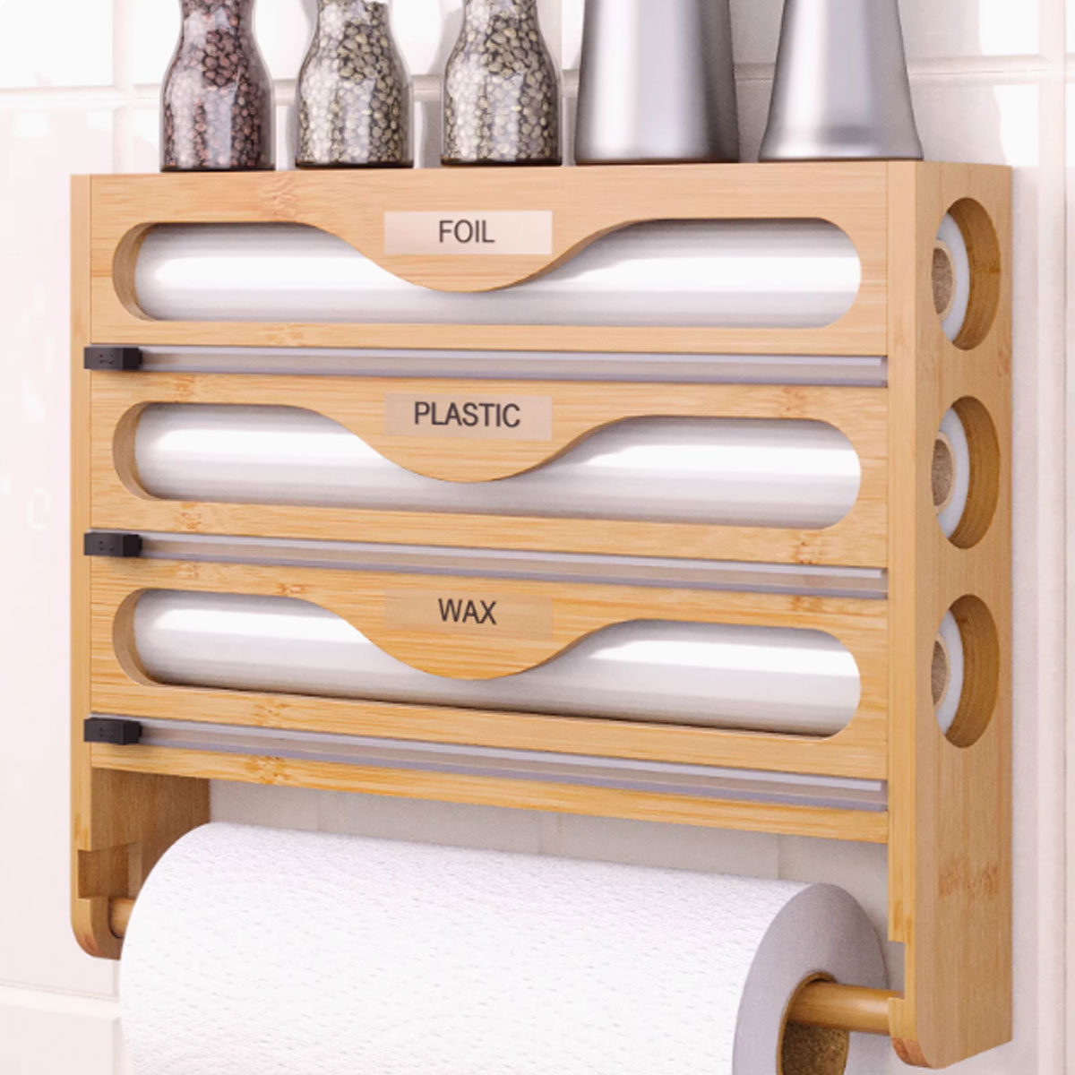 Bamboo Plastic Wrap Cutter Wall Mount Kitchen Storage Organizer