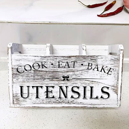 Wooden Rustic Cutlery Organizer Kitchen Utensil Holder Caddy With Handle