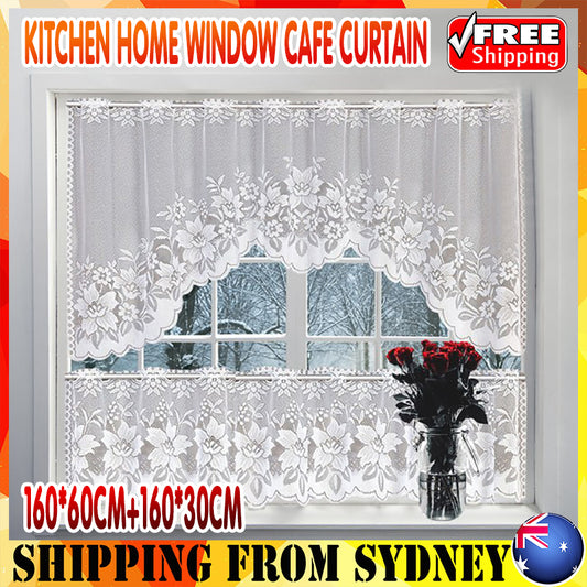 2PCS/Set White Lace Kitchen Home Window Cafe Curtain w Scallope Edge 160cm Wide