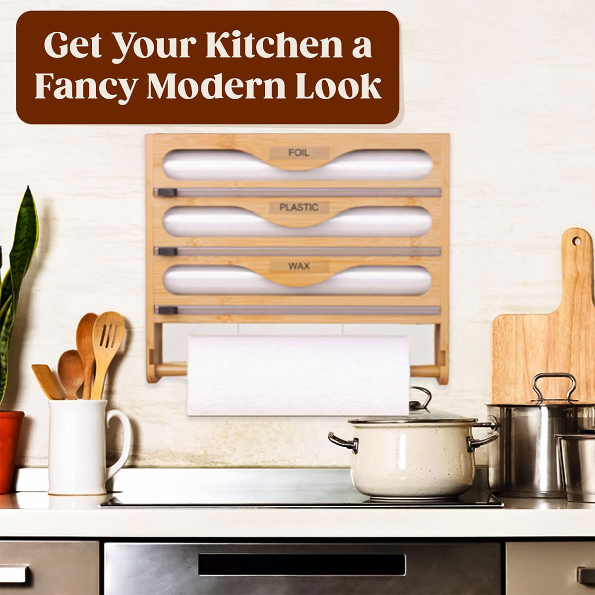 Bamboo Plastic Wrap Cutter Wall Mount Kitchen Storage Organizer