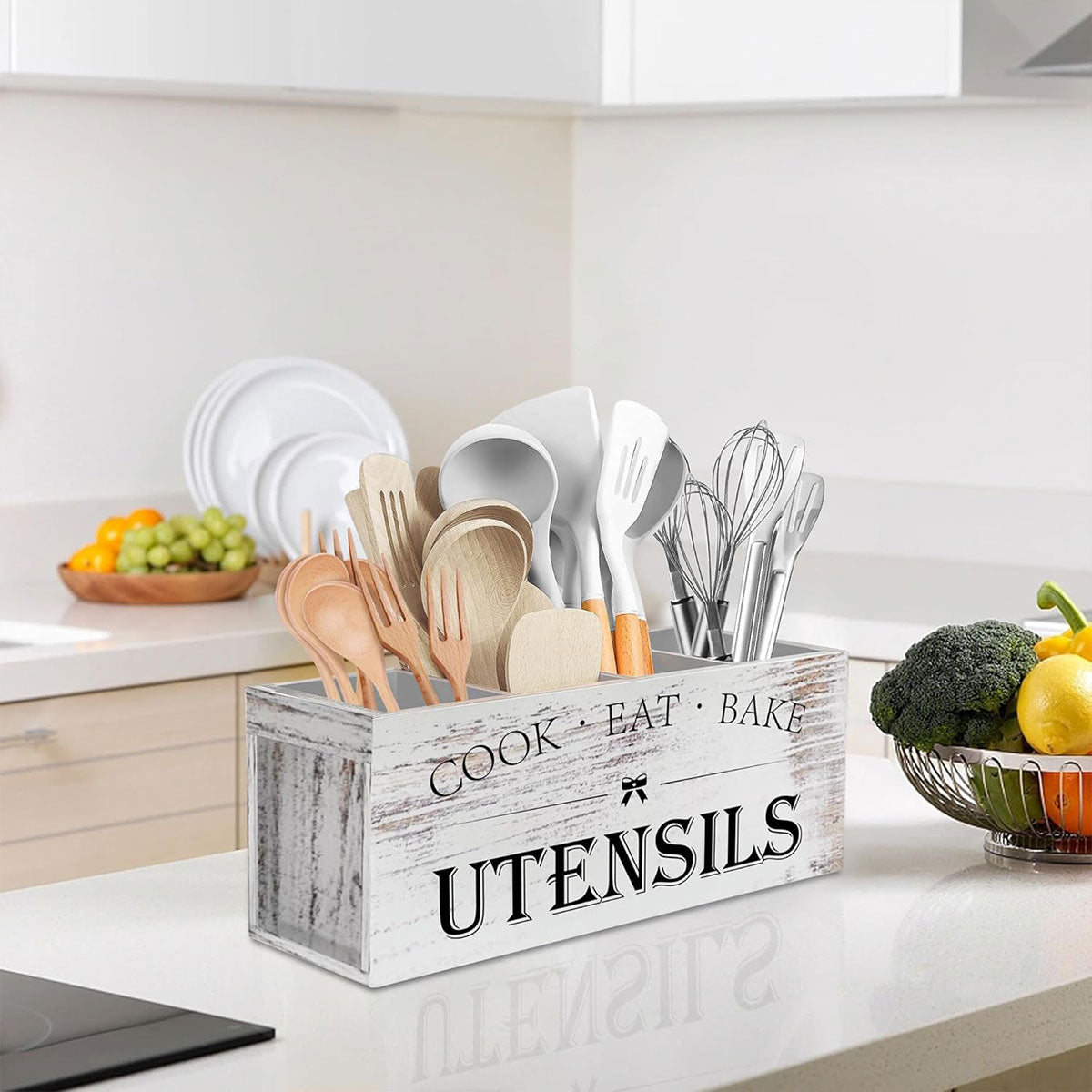 Wooden Rustic Cutlery Organizer Kitchen Utensil Holder Caddy With Handle