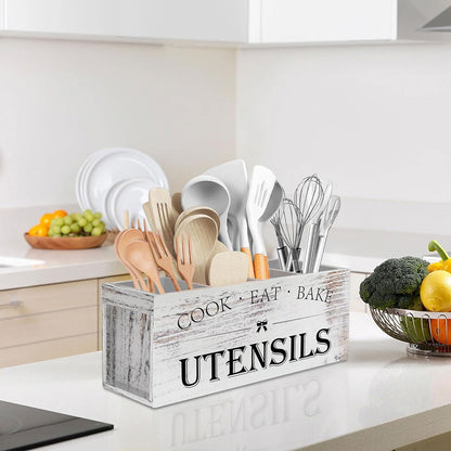 Wooden Rustic Cutlery Organizer Kitchen Utensil Holder Caddy With Handle