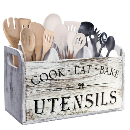 Wooden Rustic Cutlery Organizer Kitchen Utensil Holder Caddy With Handle