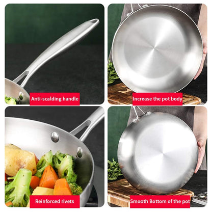 304 Uncoated Stainless Steel Wok Pan Triple Layer for Induction Gas Stove Cooking