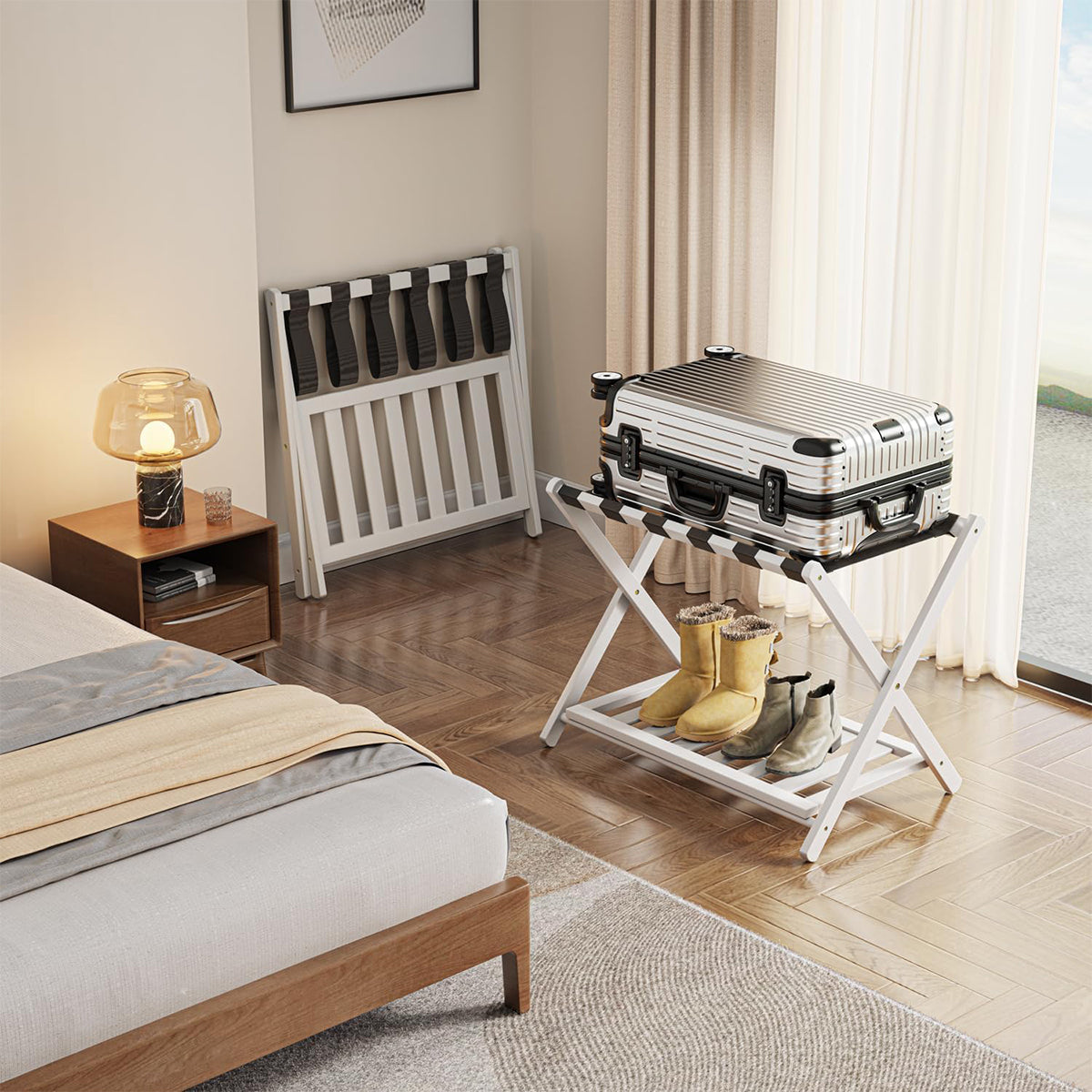 Bamboo Luggage Rack Foldable with Bottom Shelf for Guest Rooms