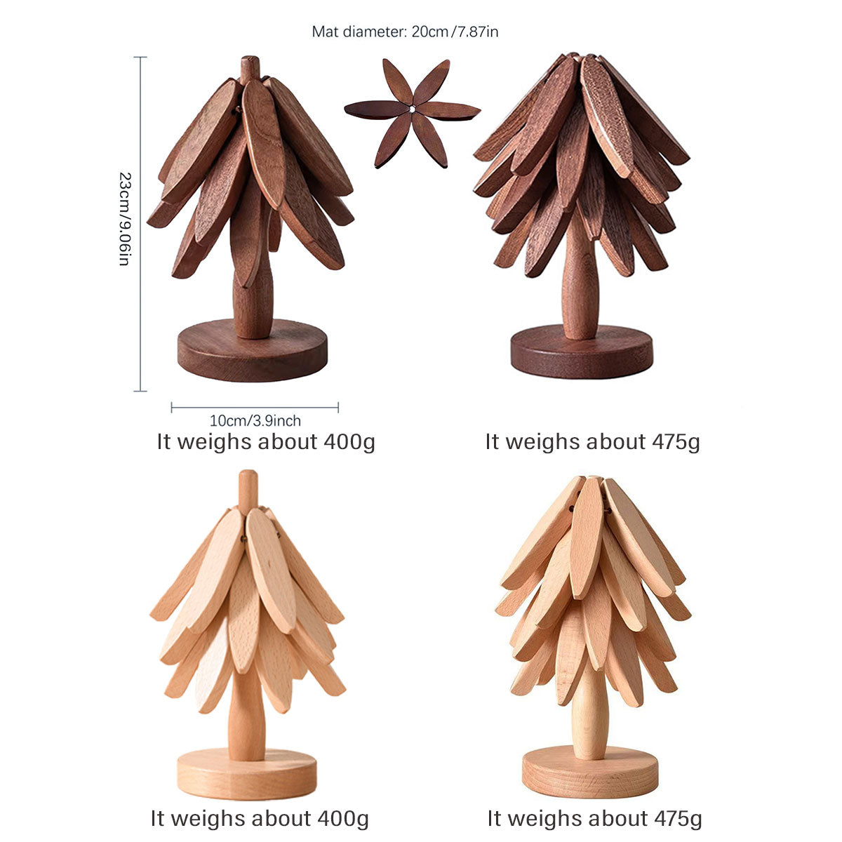 Solid Walnut Wood Christmas Tree Trivet Heat-Resistant Coaster Set