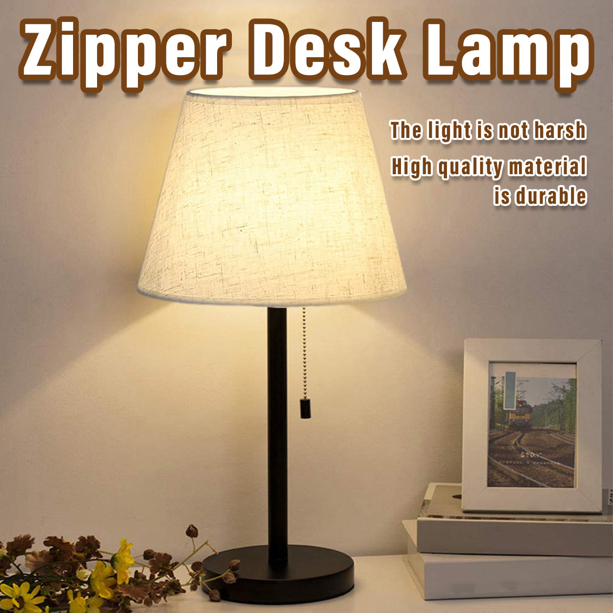 Bedside Table Lamp Modern Design with Pull Chain for Reading