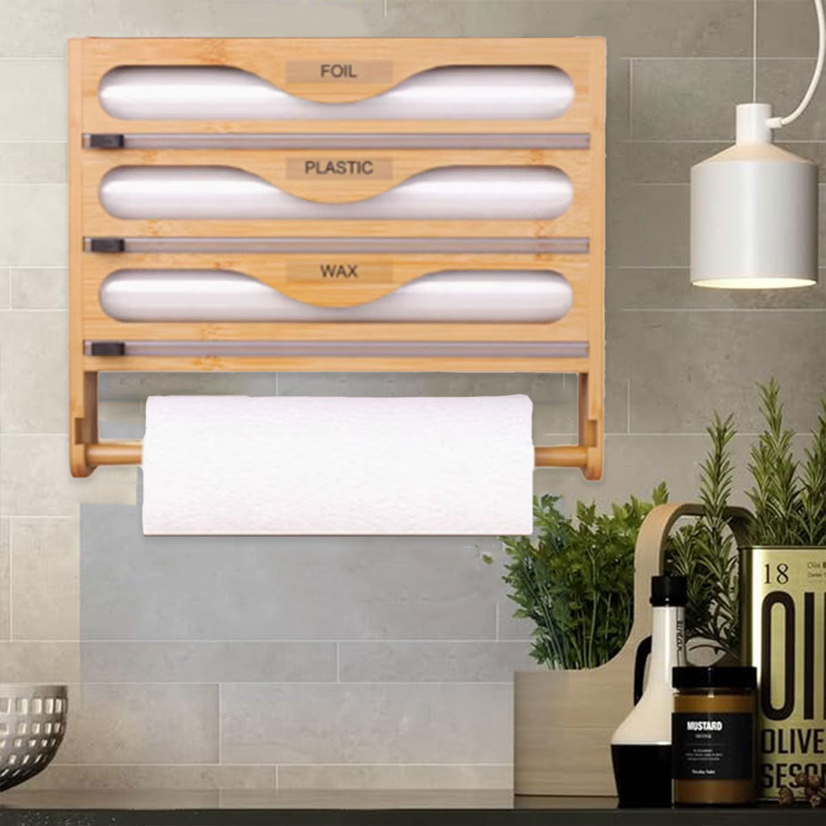 Bamboo Plastic Wrap Cutter Wall Mount Kitchen Storage Organizer