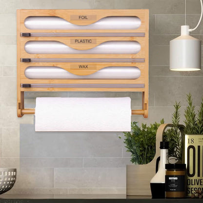 Bamboo Plastic Wrap Cutter Wall Mount Kitchen Storage Organizer