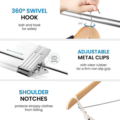 10 Pcs Wooden Non-Slip Wide Shoulder Clothes Hanger with Clip for Hotel Wardrobe