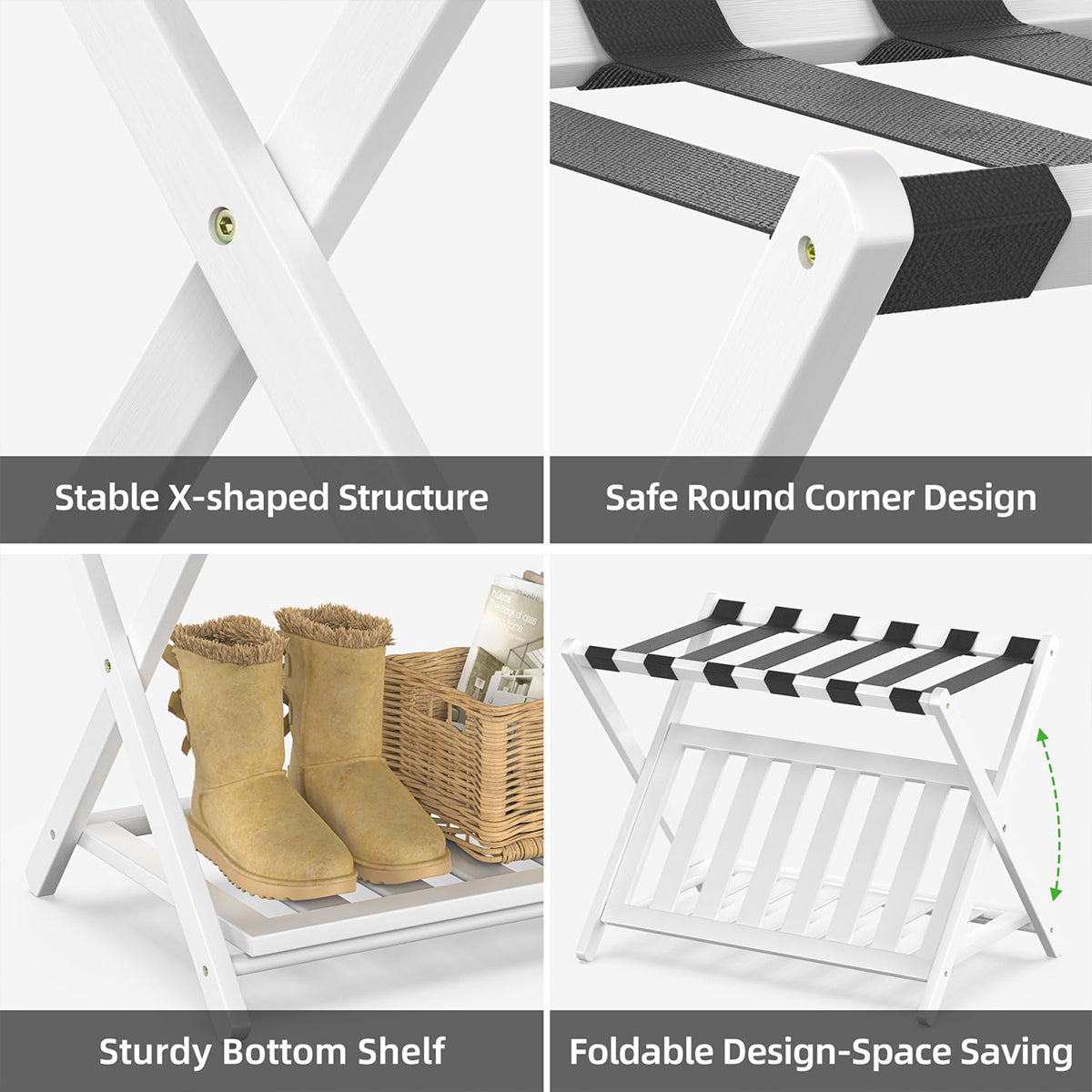 Bamboo Luggage Rack Foldable with Bottom Shelf for Guest Rooms