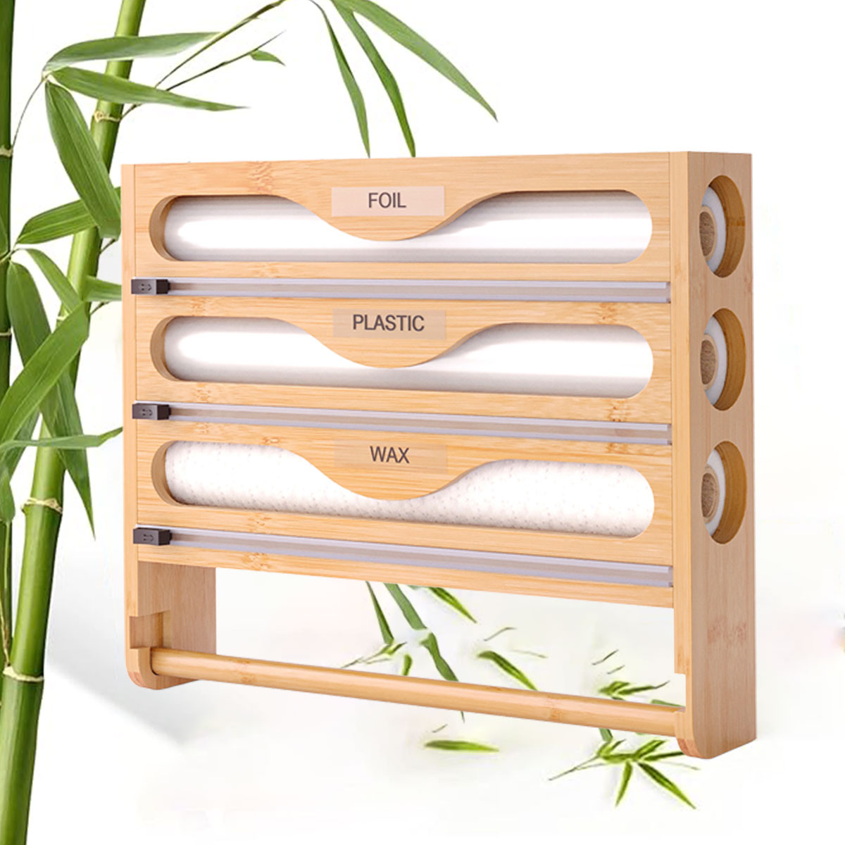 Bamboo Plastic Wrap Cutter Wall Mount Kitchen Storage Organizer