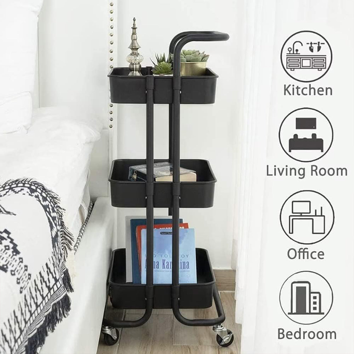 3Tier Trolley Shelf Organiser with Wheels Removable Storage Cart for Home Office