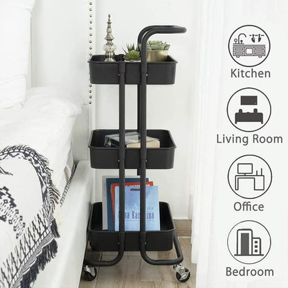 3Tier Trolley Shelf Organiser with Wheels Removable Storage Cart for Home Office