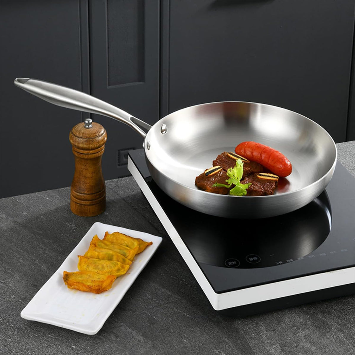 304 Uncoated Stainless Steel Wok Pan Triple Layer for Induction Gas Stove Cooking