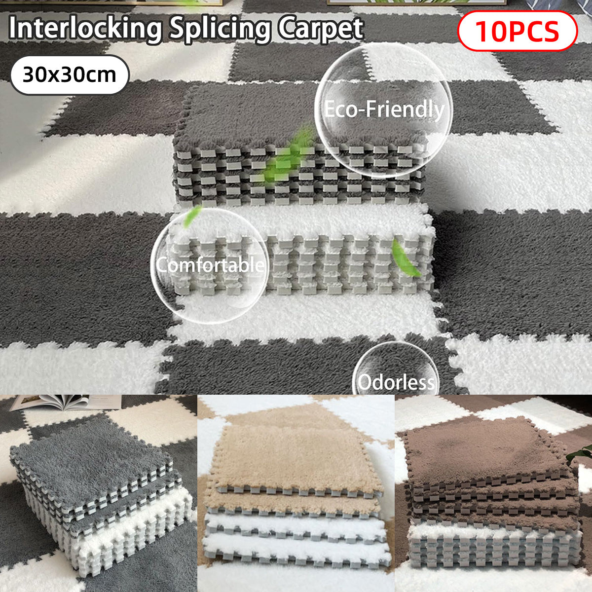 10 Piece Shaggy Interlocking Foam Floor Tiles 30x30cm Soft