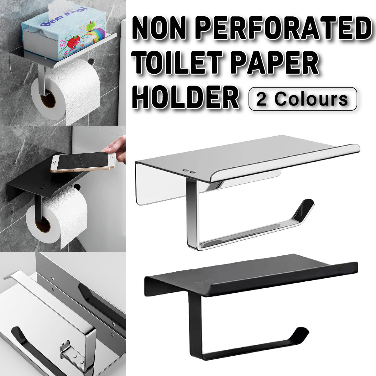 304 Stainless Steel Toilet Paper Holder Non-perforated Roll with Phone Rack AU