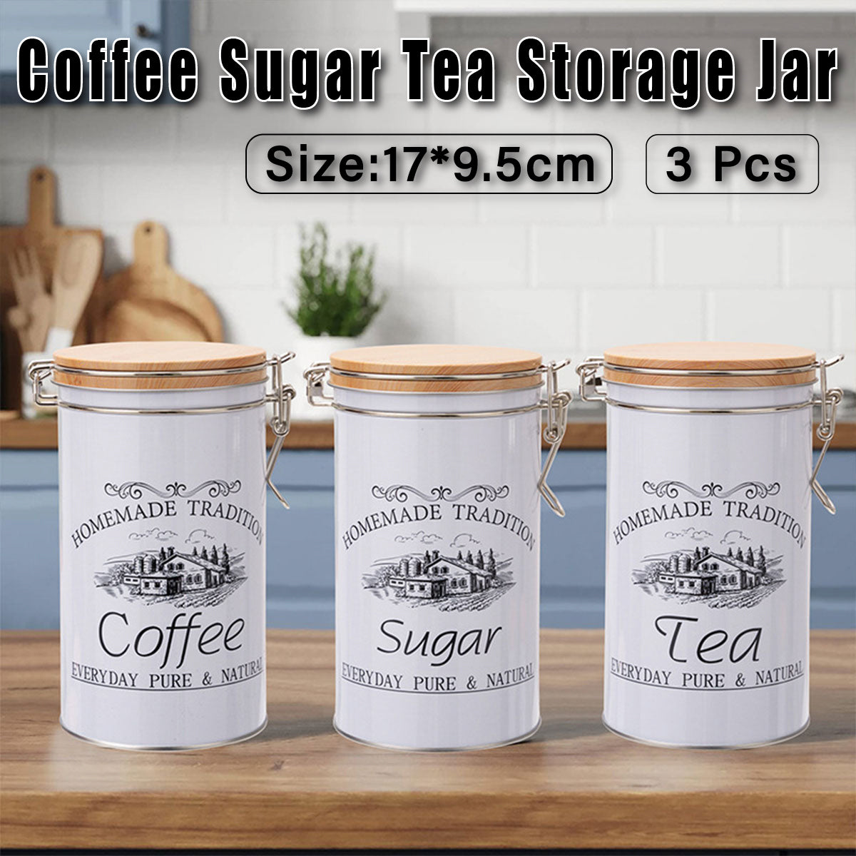 3PCS White Tinplate Coffee Tea Sugar Storage Jar Set Sealed Kitchen Counter AU
