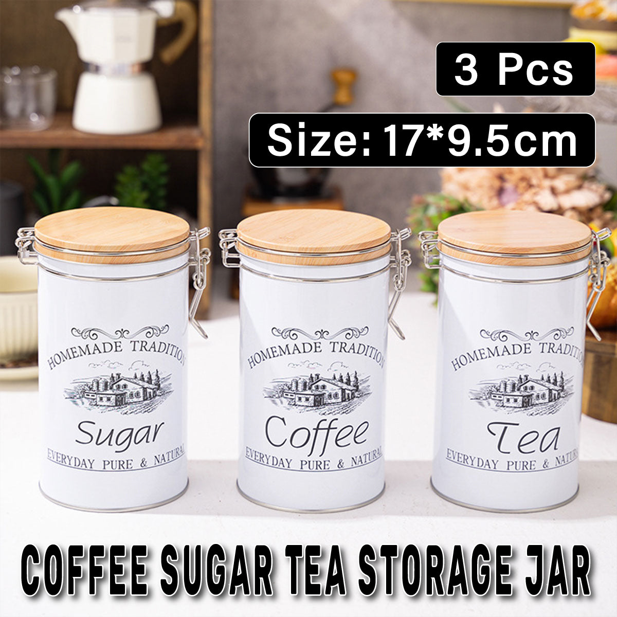 3PCS White Tinplate Coffee Tea Sugar Storage Jar Set Sealed Kitchen Counter AU