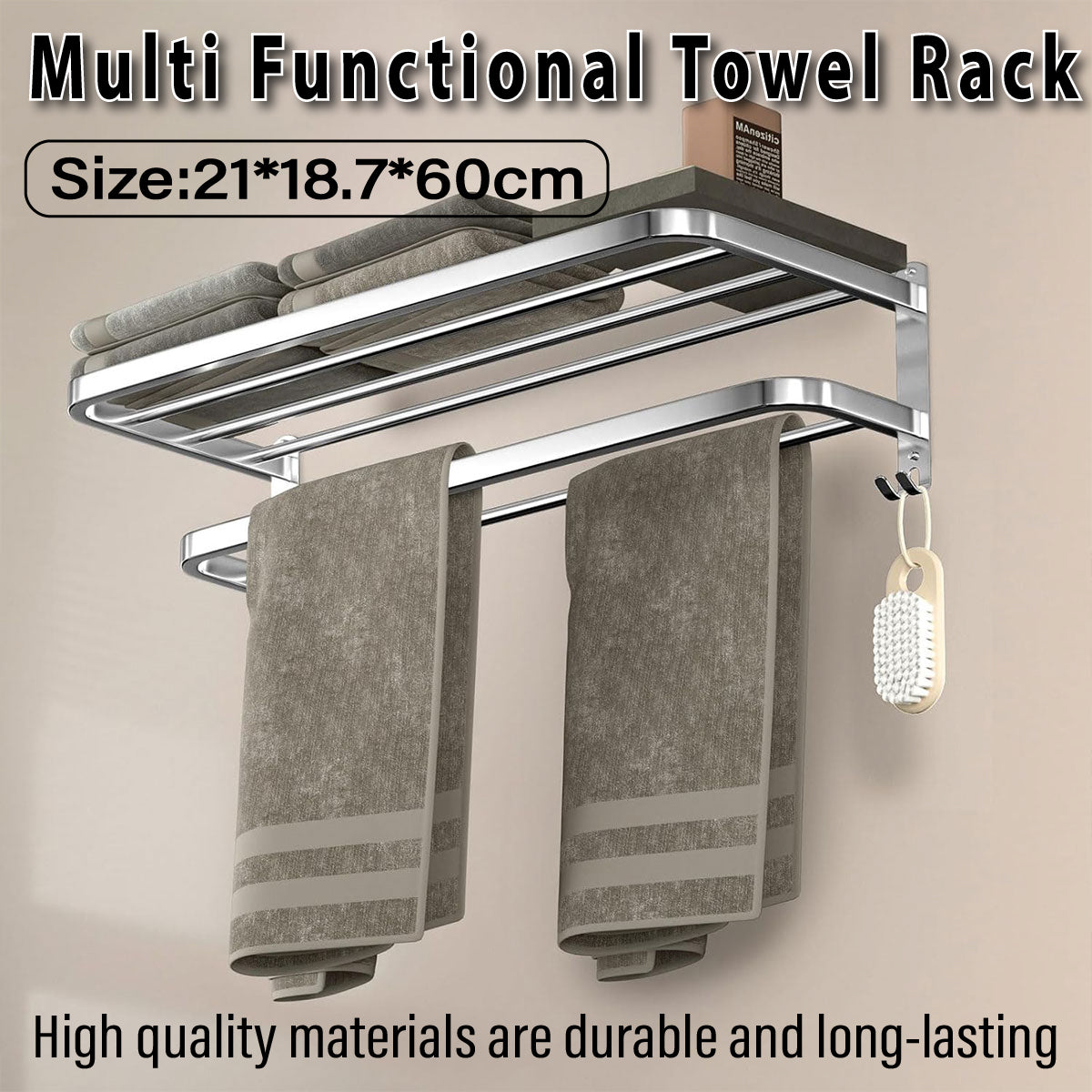 Grey Aluminum Towel Rack Punch-Free Bathroom Storage Towel Holder Home Organizer