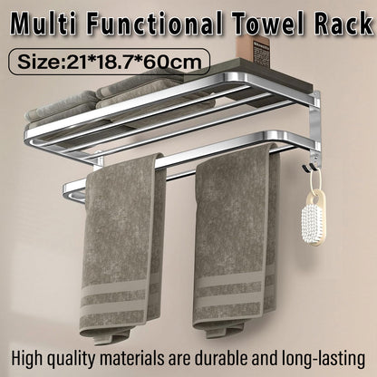 Grey Aluminum Towel Rack Punch-Free Bathroom Storage Towel Holder Home Organizer
