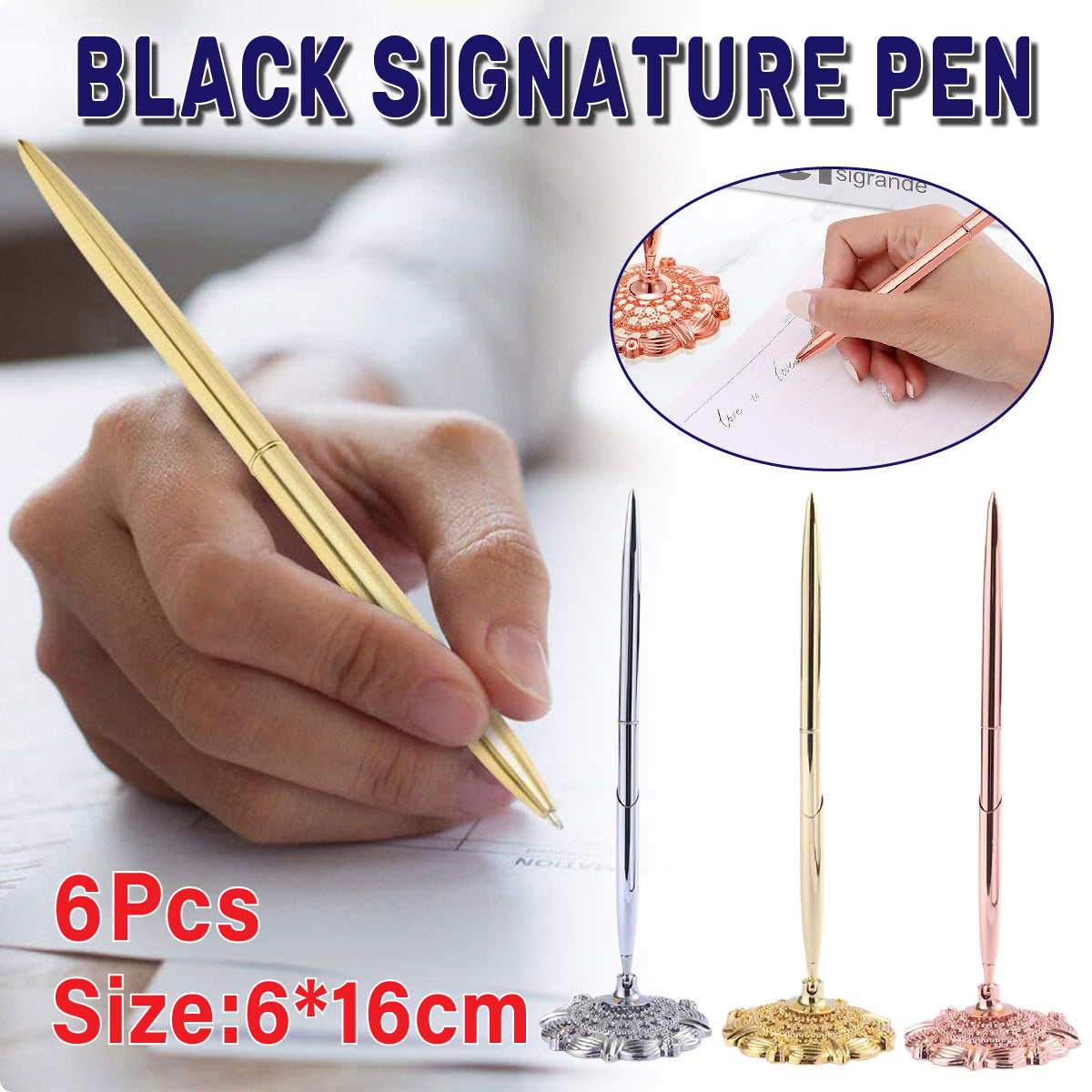 6pcs Black Ballpoint Pen Set Plum Blossom Base Office Desk Signature Writing Pen