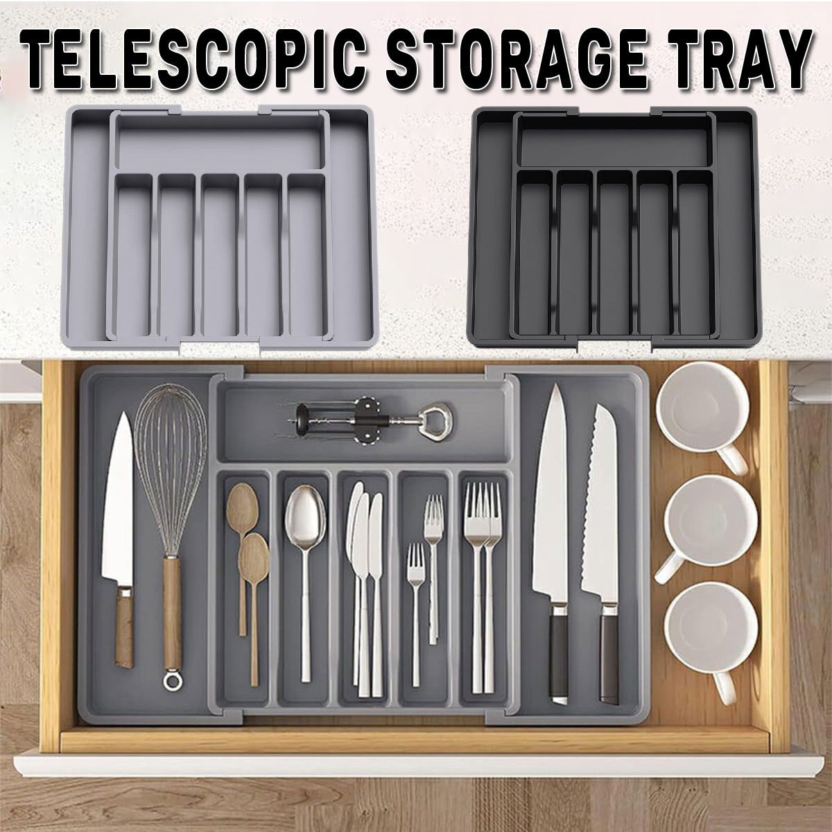 Extendable Cutlery Storage Box Household Portable Retractable Tray Organizer