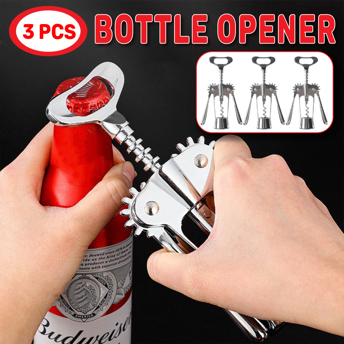 3pcs Red Wine Bottle Opener Corkscrew Set Kitchen Bar Tools for Easy Opening