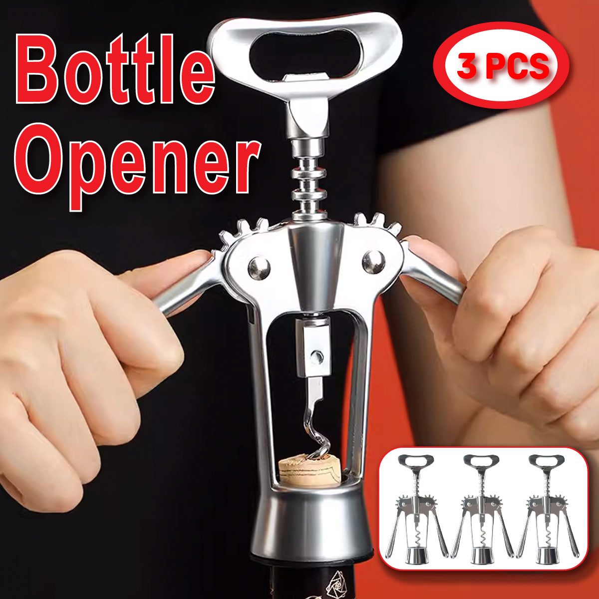 3pcs Red Wine Bottle Opener Corkscrew Set Kitchen Bar Tools for Easy Opening