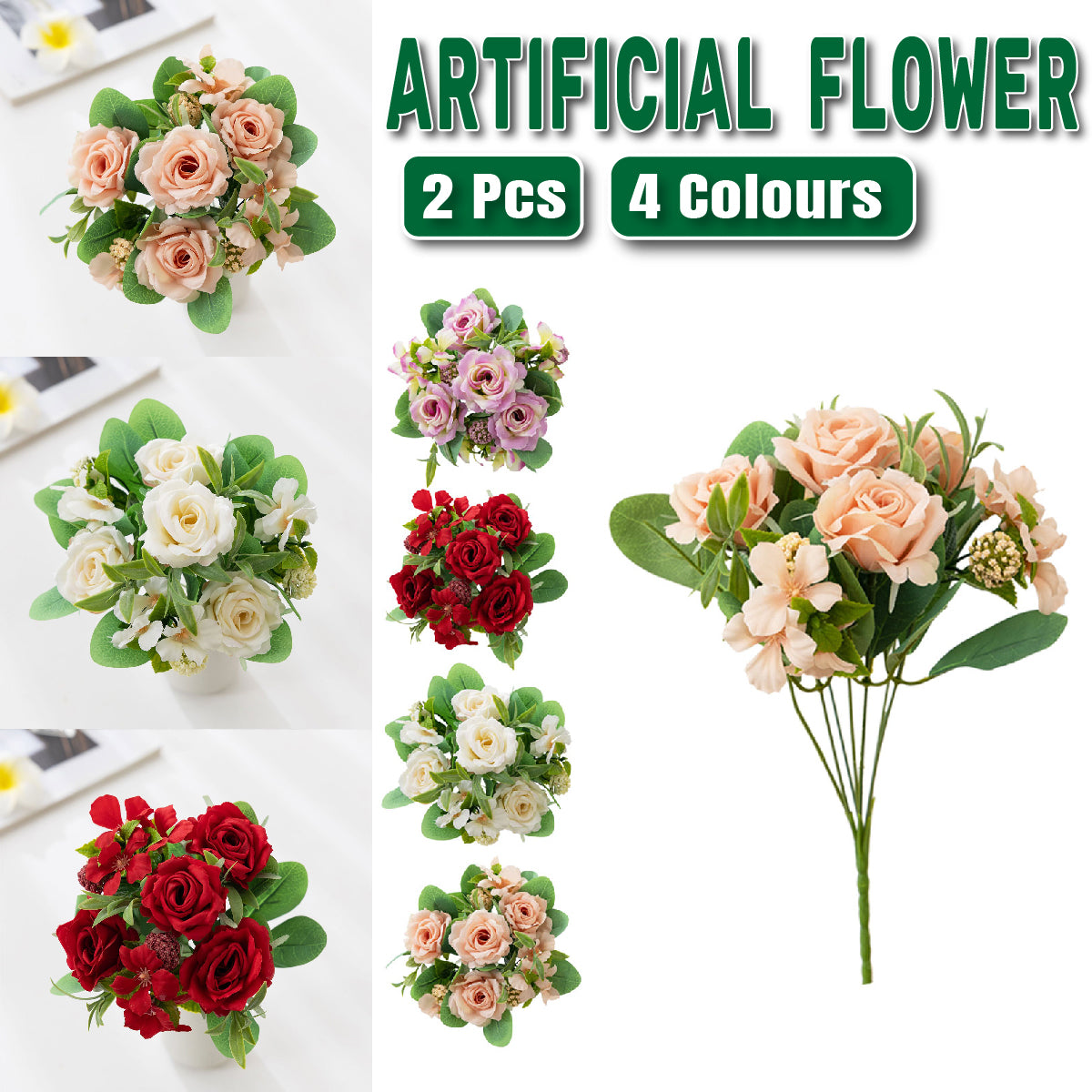 2Pcs Simulation Rose Bouquet Home Decoration Artificial Flower Arrangement Set
