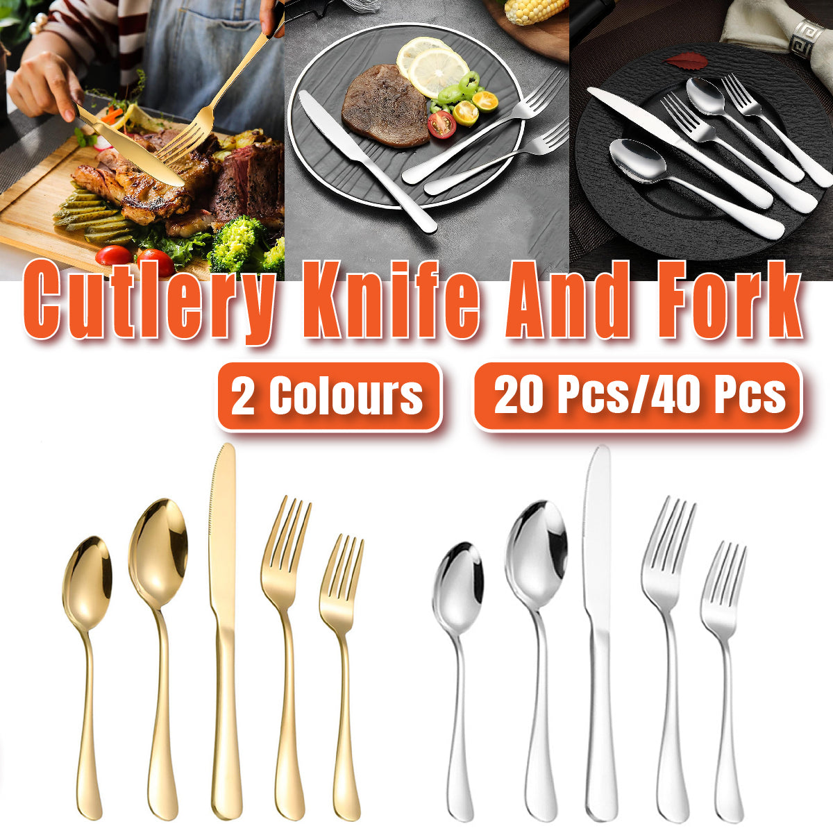 20/40pcs Stainless Steel Cutlery Set Knife Fork Spoon Western Hotel Tableware