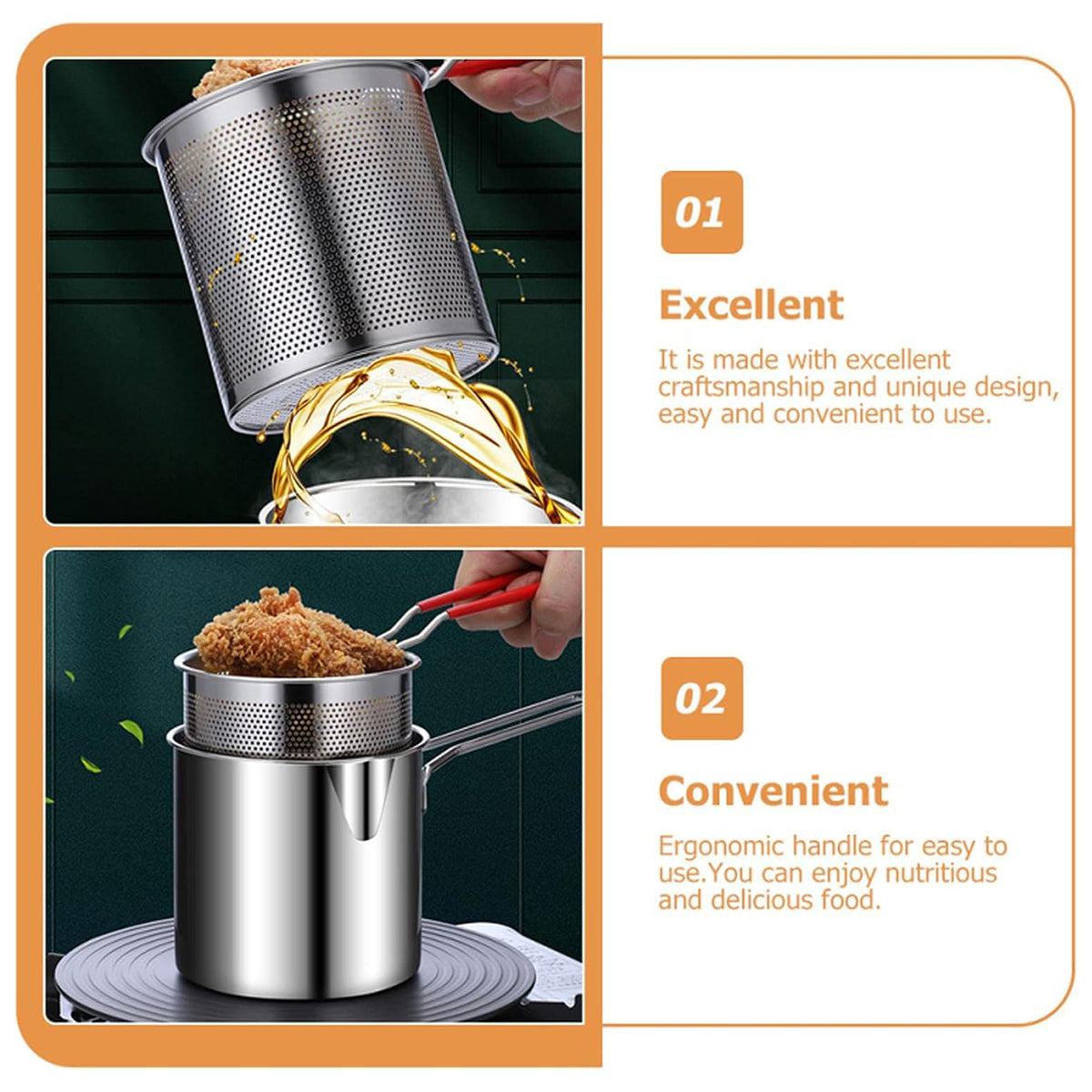 4PCS Stainless Steel Fryer Set Basket Lid Clip Induction Stove Cooking Pot