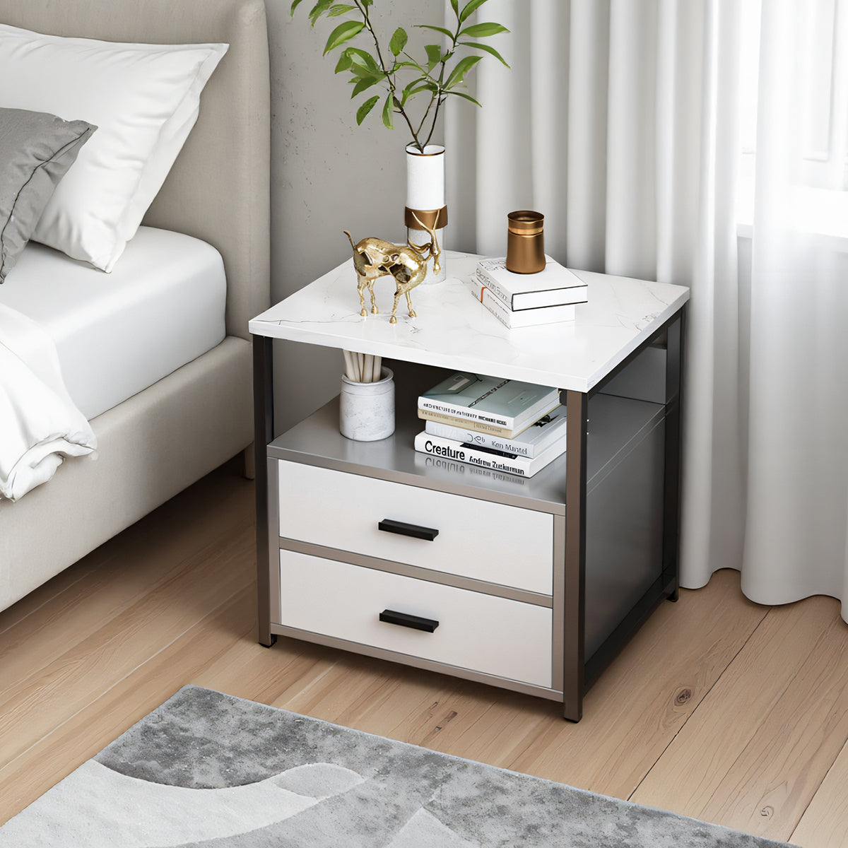 Marble-Look Bedside Table with Two Drawers Metal Frame