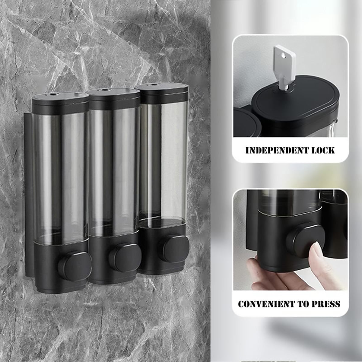 3 Bottle Wall Mount Bathroom Soap Dispenser in Black