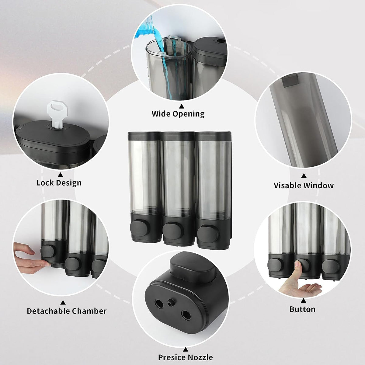 3 Bottle Wall Mount Bathroom Soap Dispenser in Black