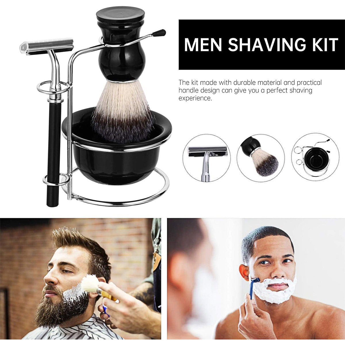 5 Piece Shaving Kit Set with Safety Razor Brush Stand Bowl