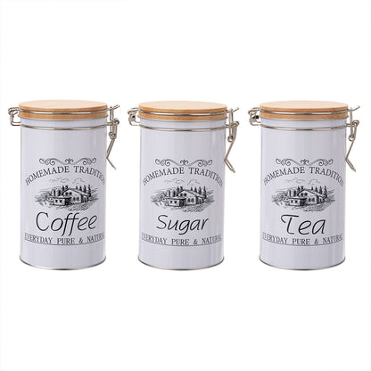 3PCS White Tinplate Coffee Tea Sugar Storage Jar Set Sealed Kitchen Counter AU