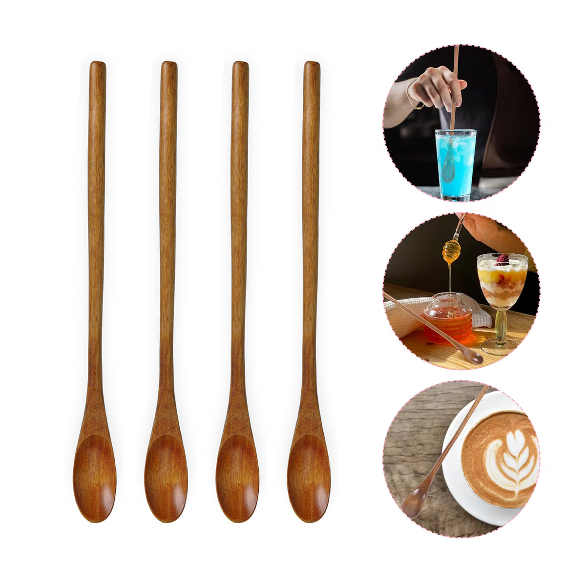 4PCS Japanese Wooden Long Handle Stirring Spoons for Coffee and Tea