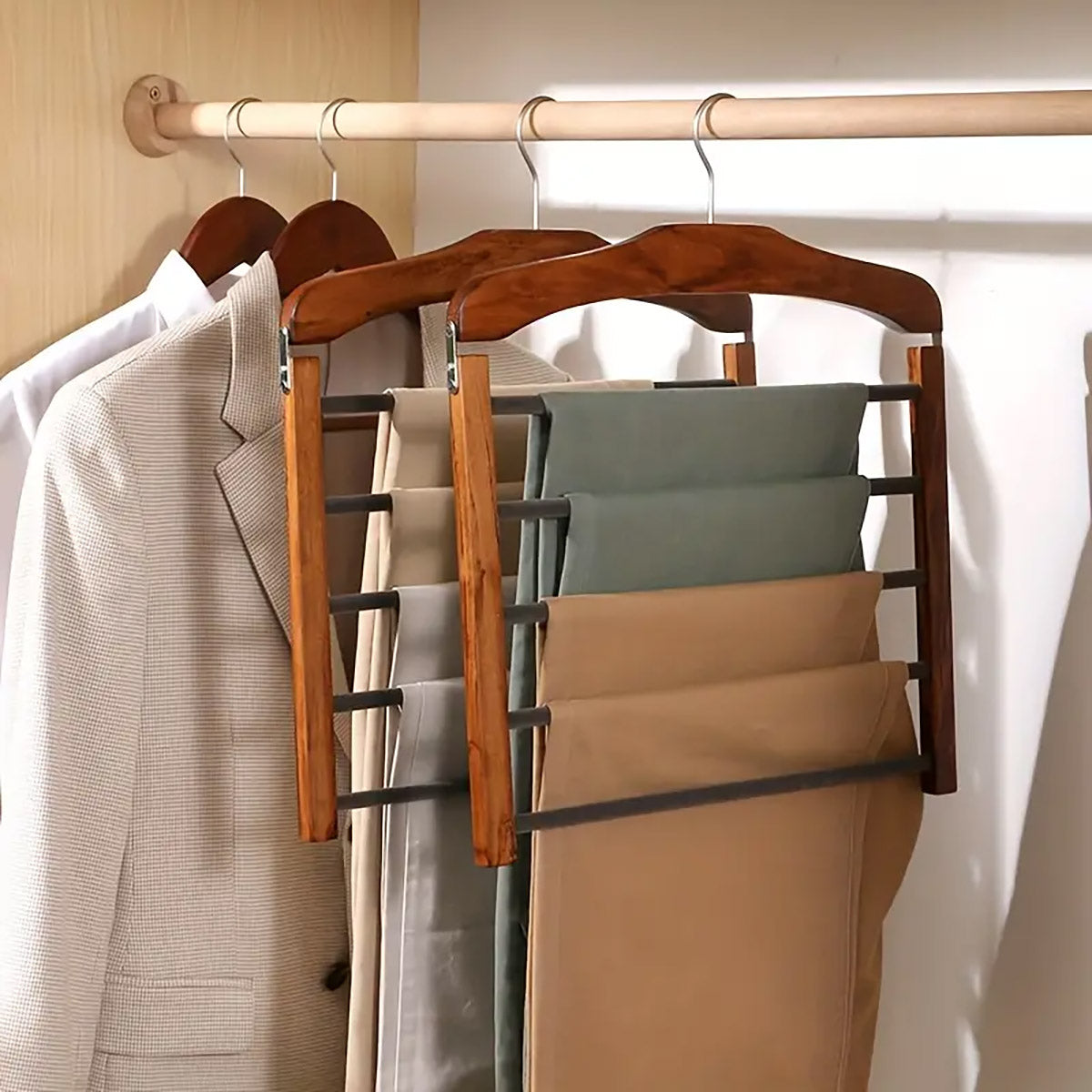Multi Tier Wooden Trouser Rack Household Towel Rack Space Saving Pants Hanger