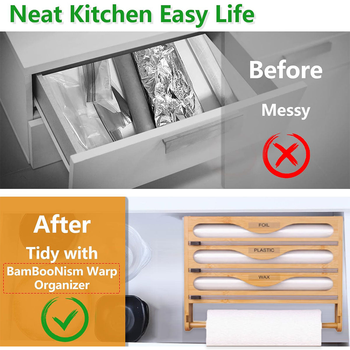 Bamboo Plastic Wrap Cutter Wall Mount Kitchen Storage Organizer