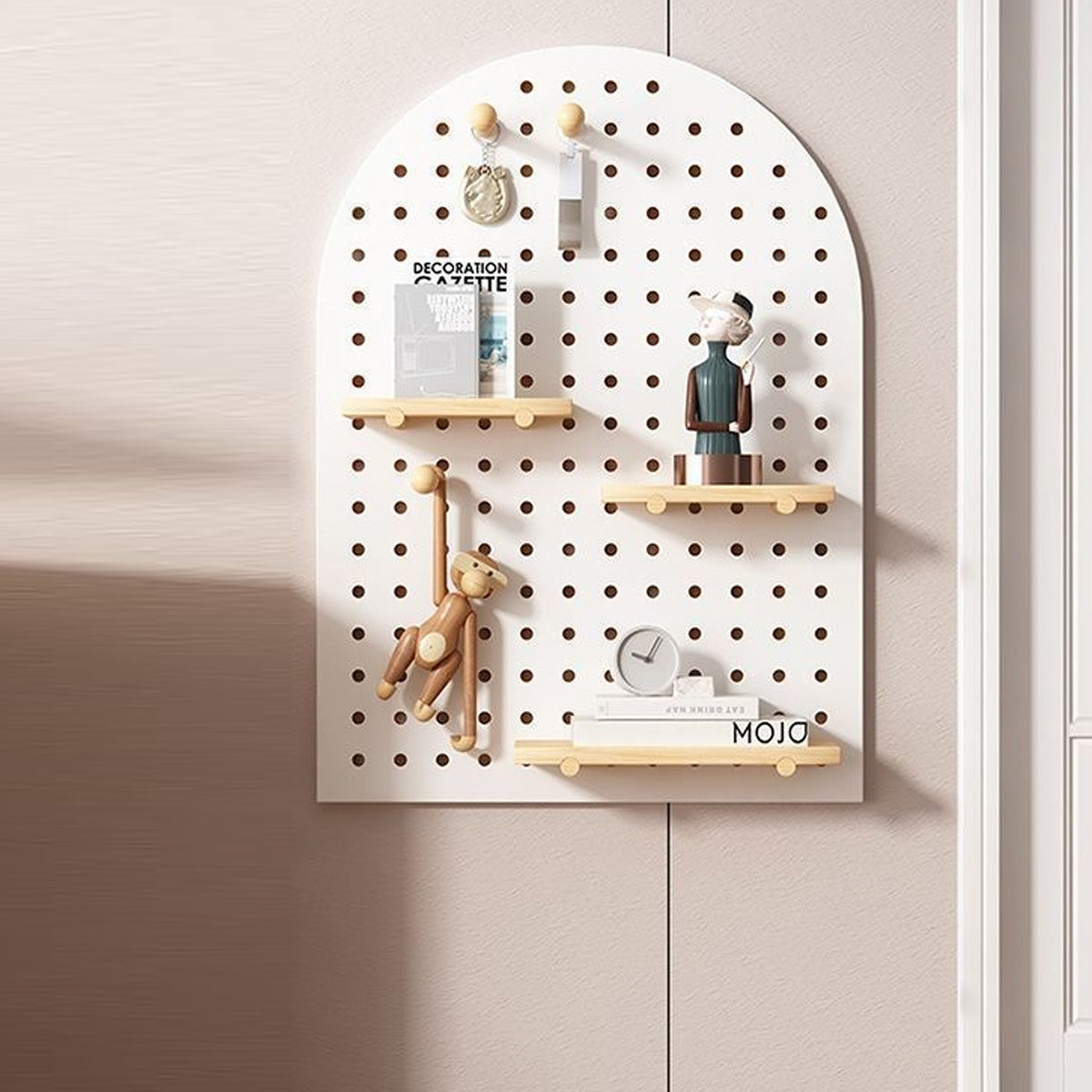 Wall Mounted Pegboard Shelf with Wooden Hooks – Product View 7