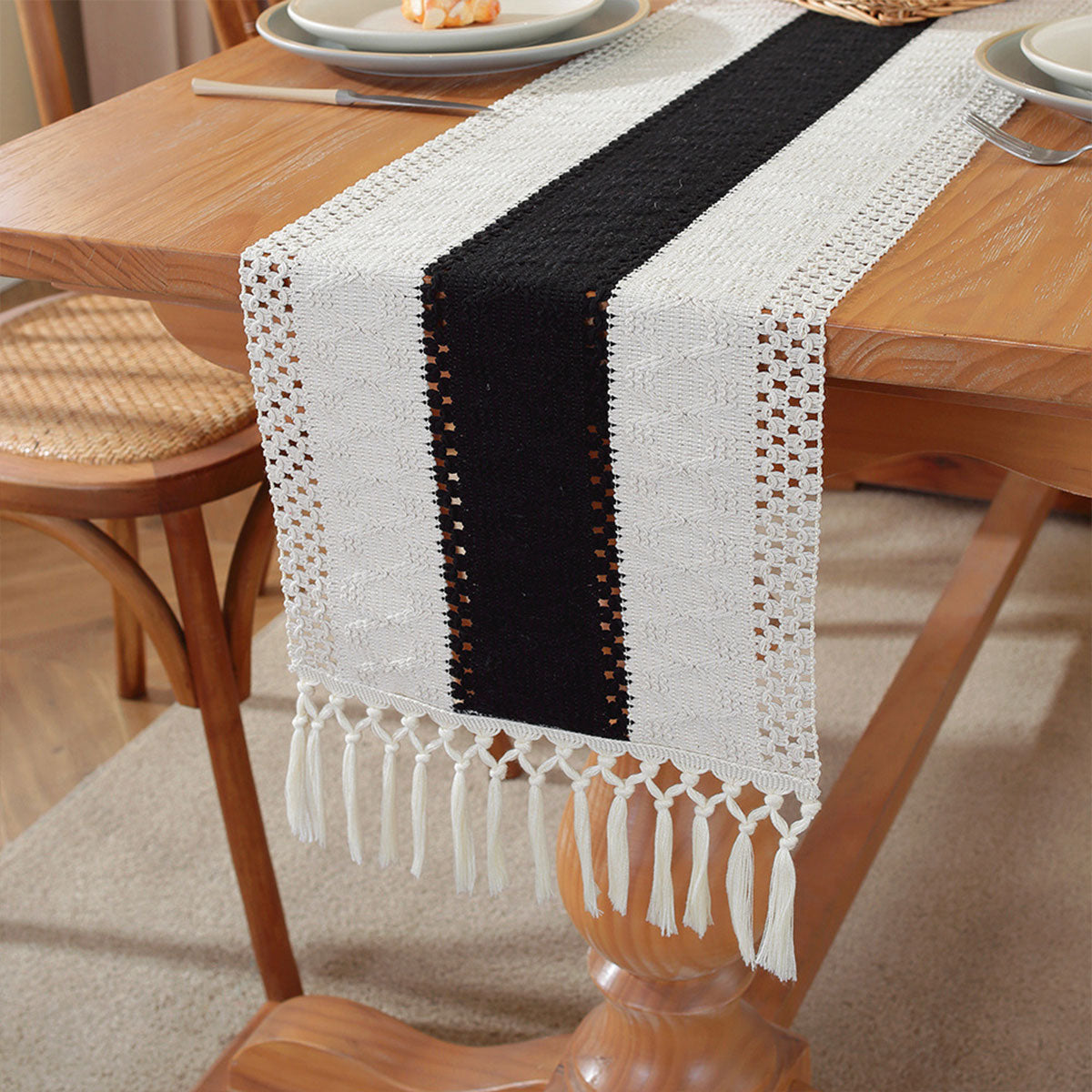 Cotton Linen Table Runner with Knot Tassel Bed End Towel Long Tablecloth Mat  AU