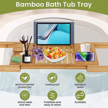 Expandable Bamboo Bath Caddy  Book iPhone Wineglass Holder Over Bathtub Rack AU