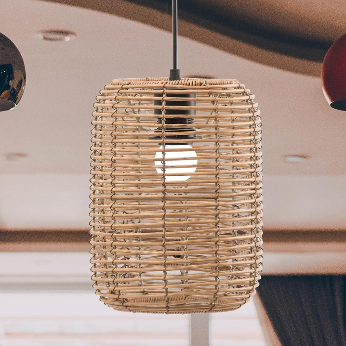 Vintage Rattan Woven Pendant Lampshade Boho Ceiling Light