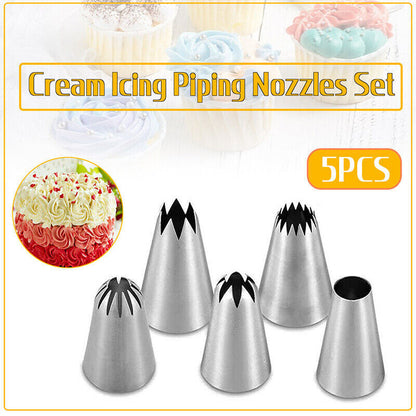 5x Large Cream Icing Piping Nozzles Set Kit Pastry Tips DIY Cake Decorating Tool