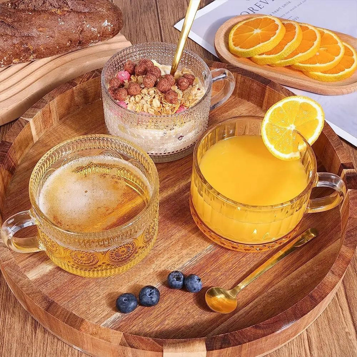4PCS Vintage Embossed Glass Coffee Cups 14oz with Lid and Spoon for Tea Milk AU