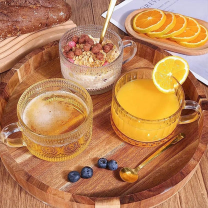 4PCS Vintage Embossed Glass Coffee Cups 14oz with Lid and Spoon for Tea Milk AU