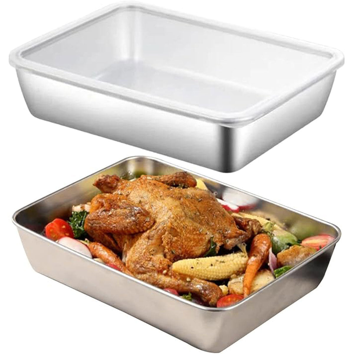 2PCS Stainless Steel Square Food Tray With Lid Rectangular Storage Box Plate AU