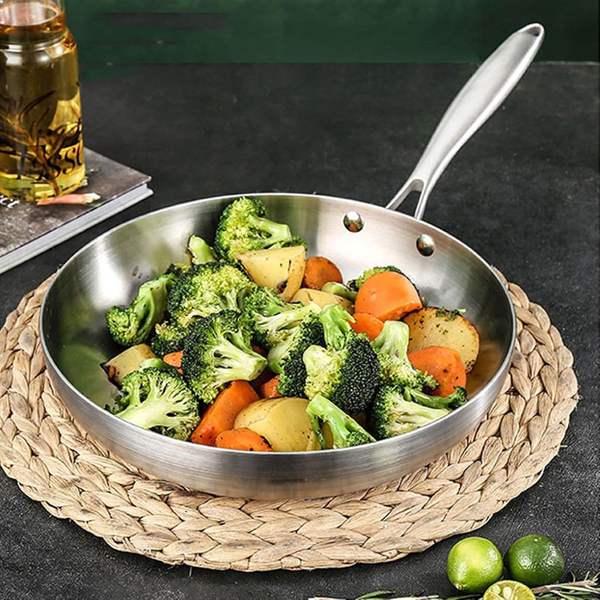 304 Uncoated Stainless Steel Wok Pan Triple Layer for Induction Gas Stove Cooking