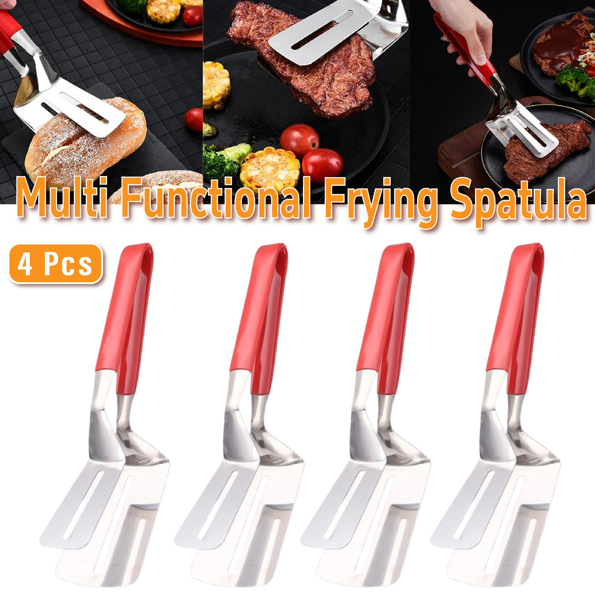 4pcs Stainless Steel Steak Tongs Frying Spatula Kitchen Tool Set
